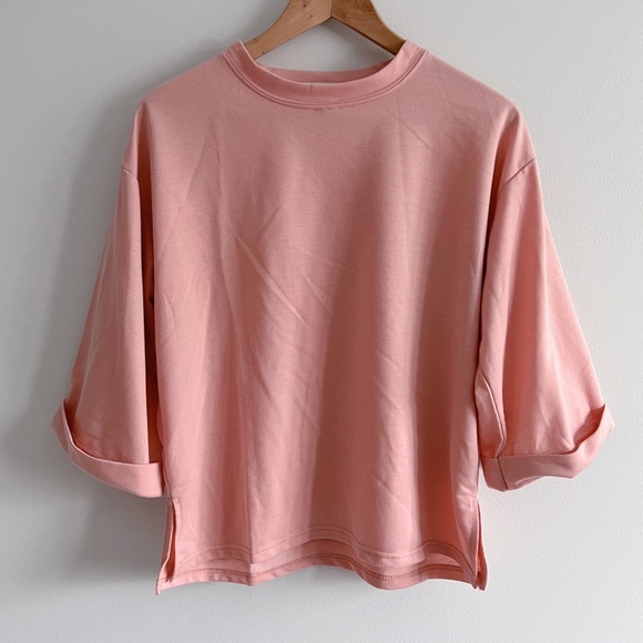 Pink Crew Neck Boxy Elbow Length Sleeve T-Shirt with Side Slit One Size - Picture 2 of 6